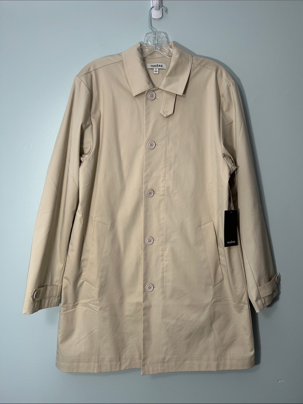 Tenore Small Coat Long Car Coat in Light Khaki Twill Raincoat Pockets Collar NWT